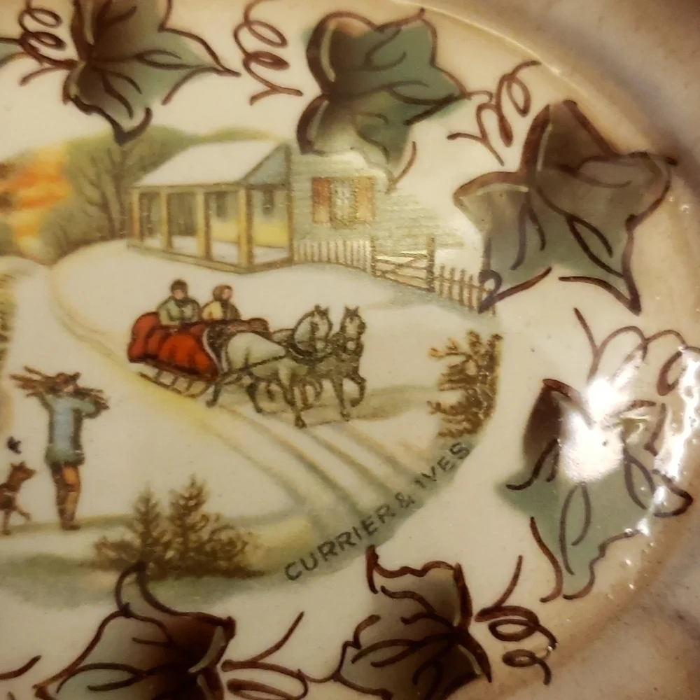 Vintage Currier & Ives Small Oval Ashtray Brown Winter Scene Very Pretty VGC
